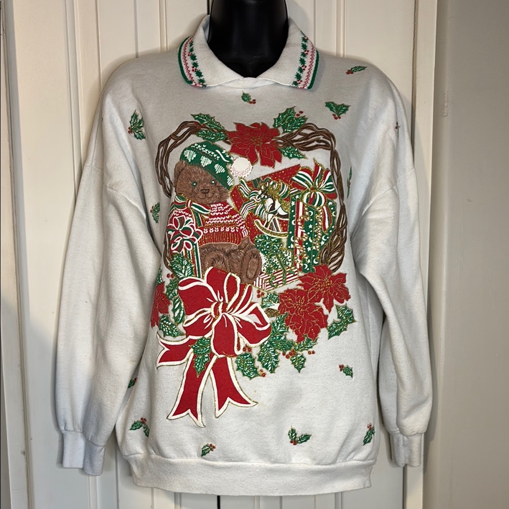 Festive White Christmas Sweatshirt with Red and Green Accents